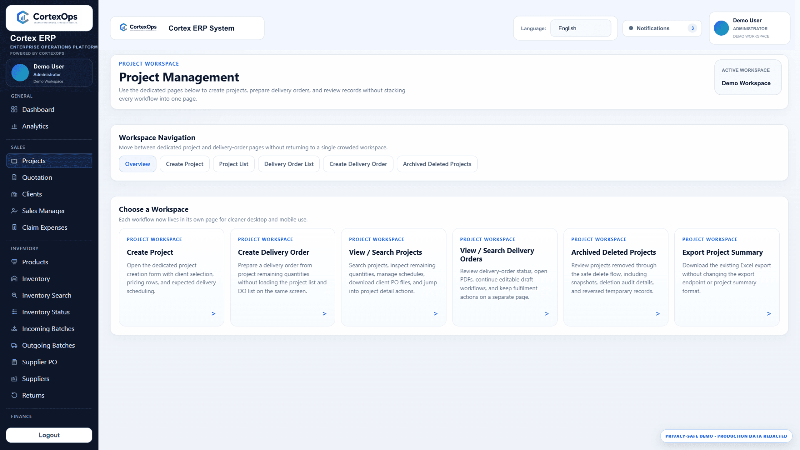Privacy-safe Cortex ERP project workspace