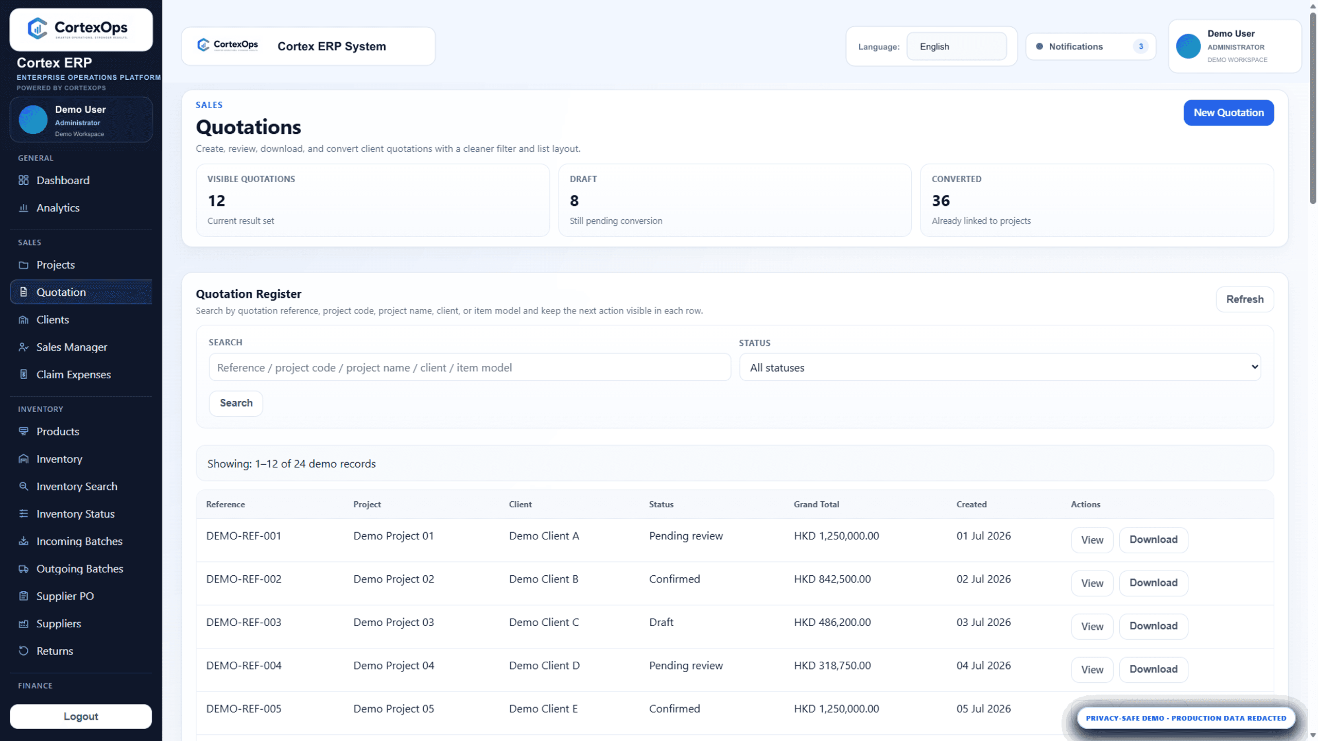 Privacy-safe Cortex ERP quotation register with demo records