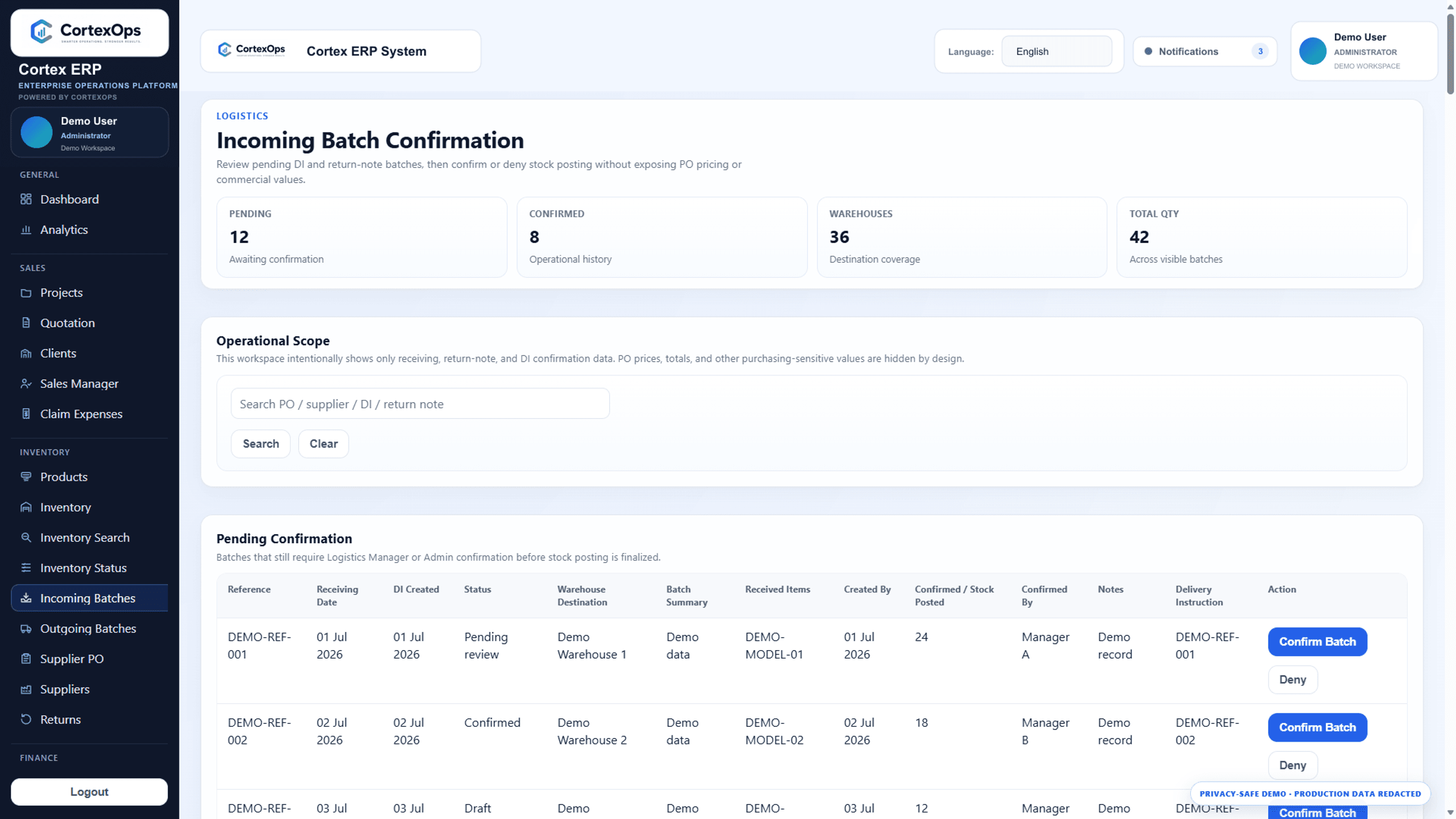 Privacy-safe Cortex ERP incoming batch confirmation screen with demo records