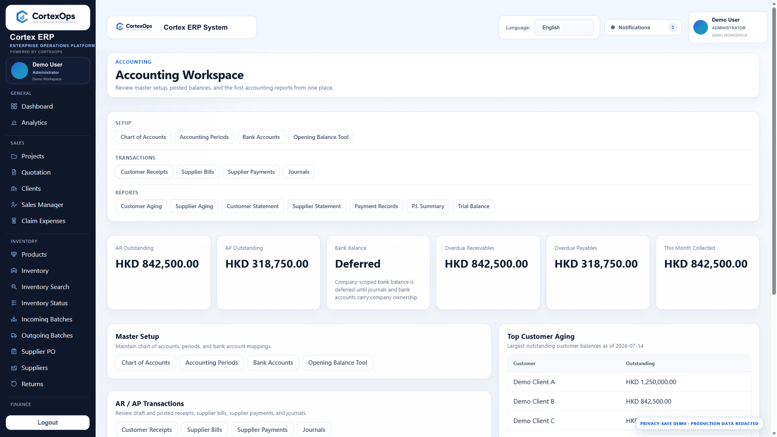 Privacy-safe Cortex ERP accounting workspace with demo financial values