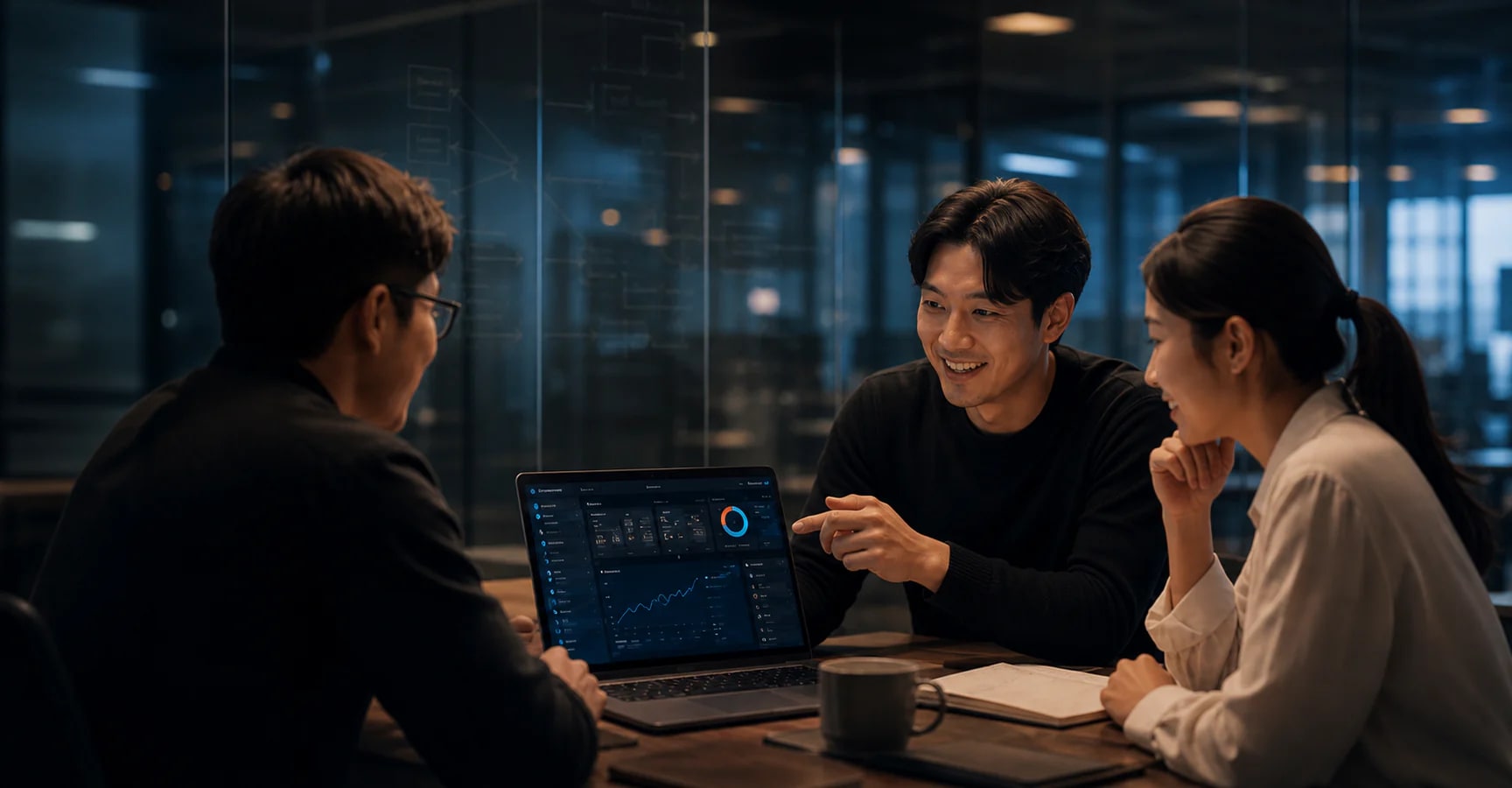 Three professionals reviewing a software dashboard together in a modern office