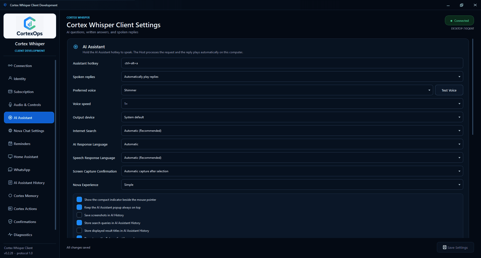 Current Cortex Whisper AI Assistant settings with the full sidebar, connected state, voice and output controls, Internet Search, response languages, screen capture confirmation and Nova experience settings