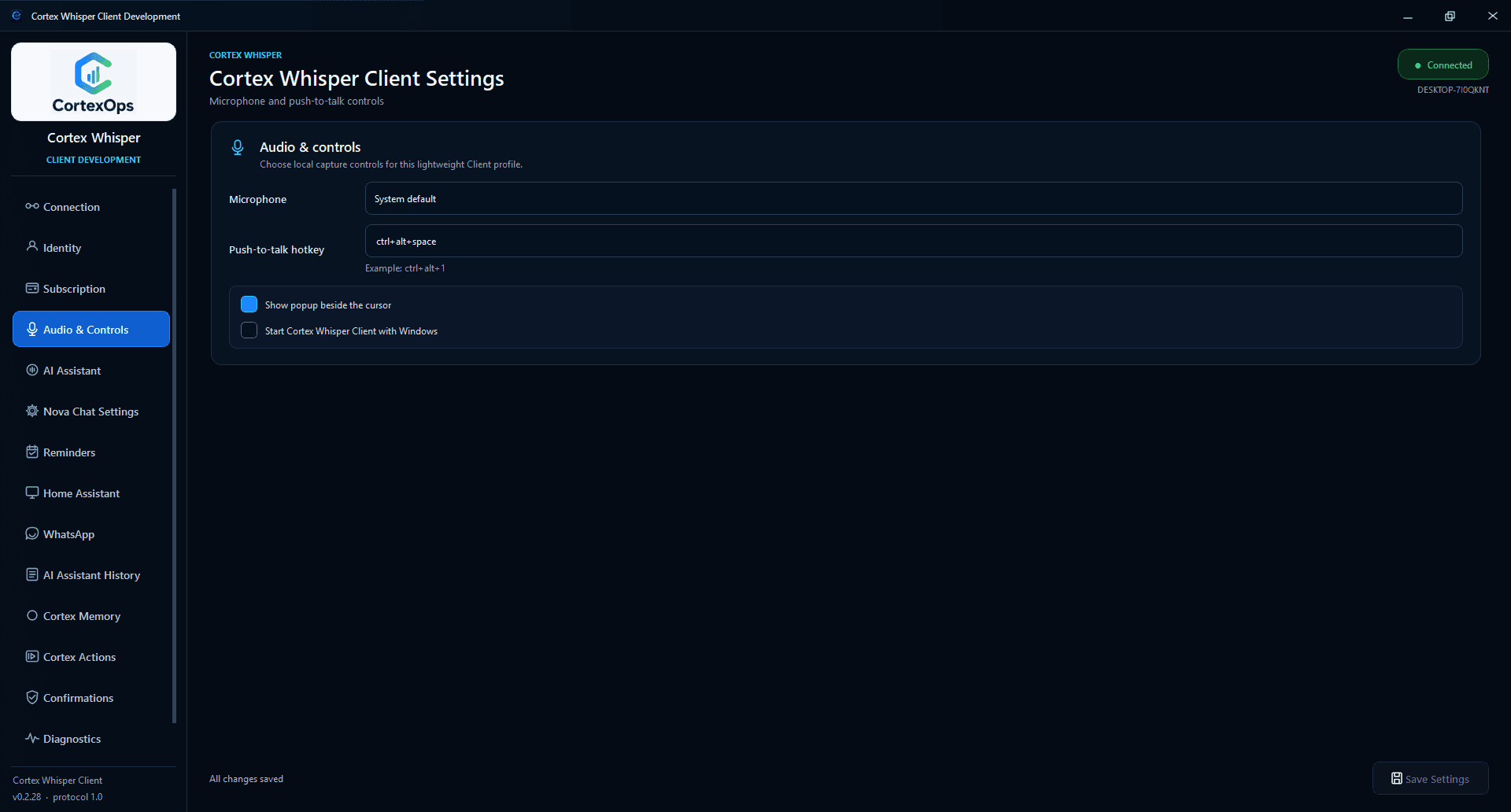 Current Audio and Controls page showing microphone selection, push-to-talk hotkey, cursor popup and Windows startup settings