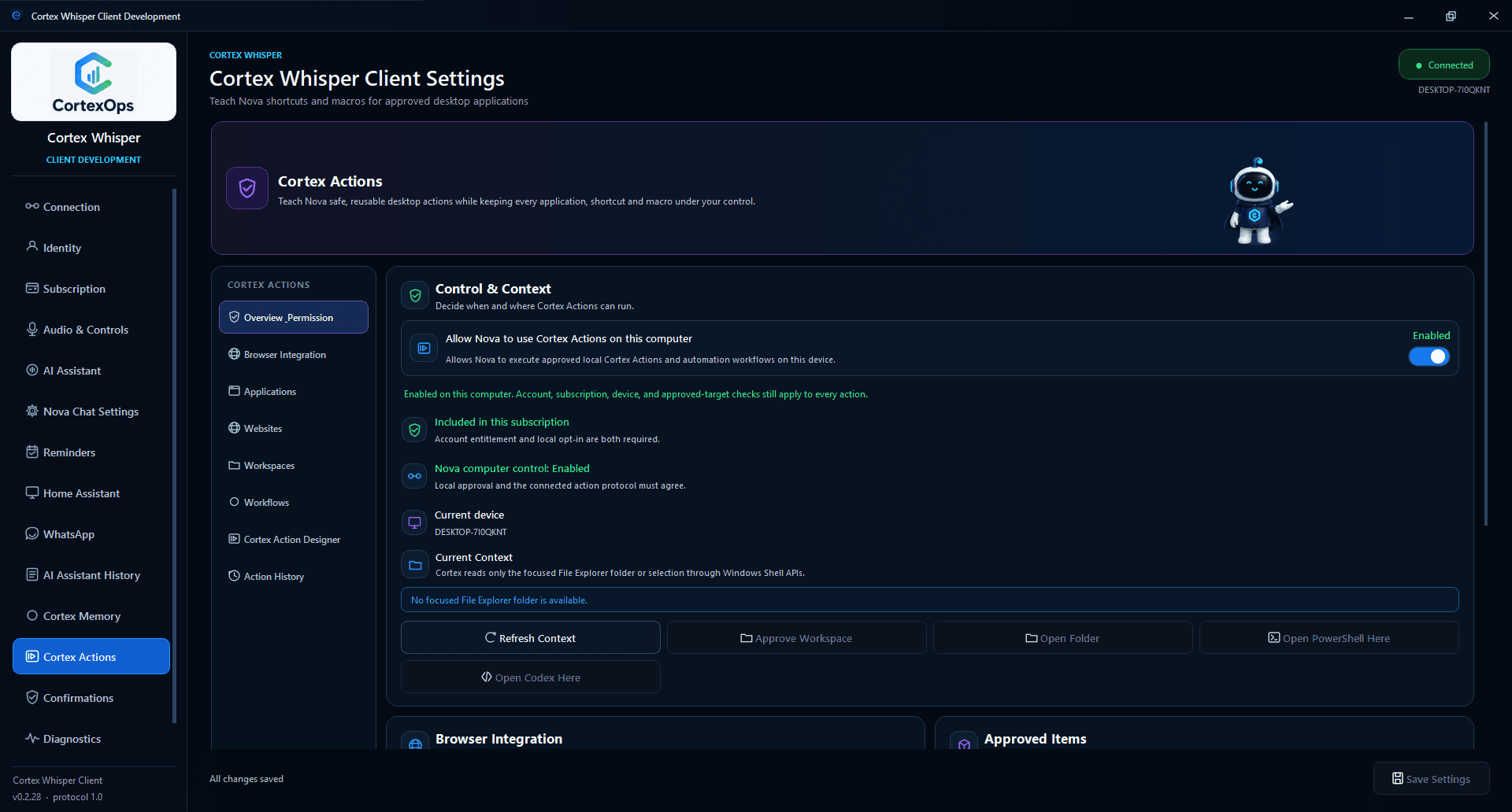 Cortex Actions overview in the current client showing explicit local permission, account entitlement, current device and context, browser integration, approved targets, workflows, Action Designer and action history
