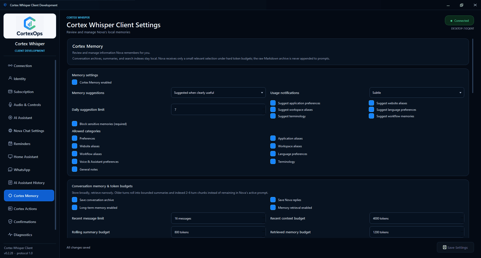 Current Cortex Memory page showing memory suggestions, sensitive-memory blocking, allowed categories, local conversation archive controls and explicit token budgets