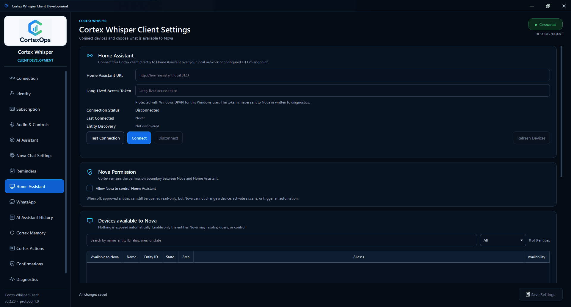 Home Assistant page in Cortex Whisper showing connection settings, protected token notice, separate Nova control permission and per-entity approvals