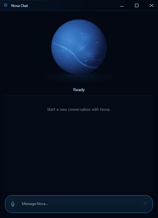 Current compact Nova Chat window in Cortex Whisper with the reactive Nova orb and voice or text composer