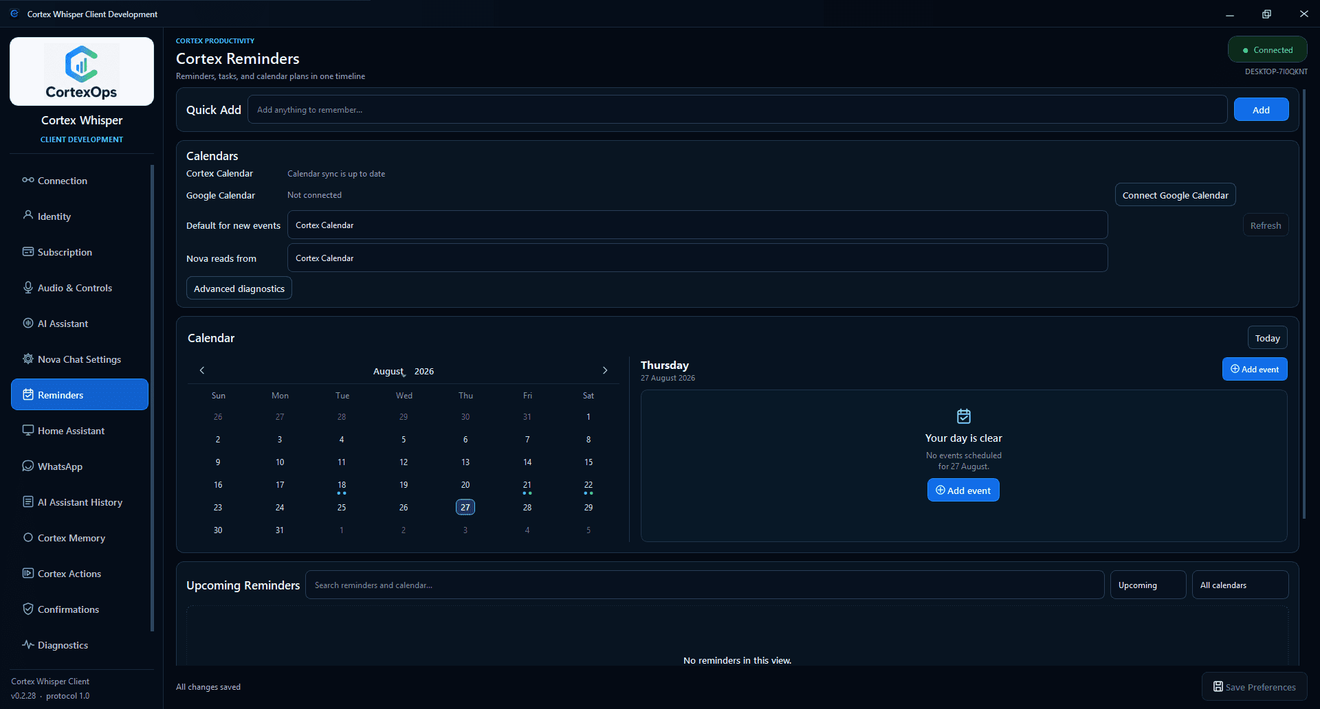 Current Cortex Reminders page with natural-language Quick Add, Cortex and Google Calendar controls, month view, selected-day agenda and upcoming reminders